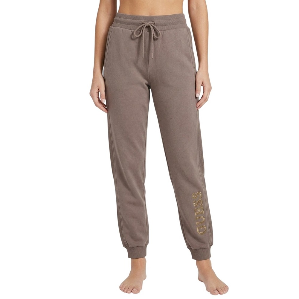 GUESS Joggers Women Large Brown Chenille Logo Ribbed Fleece Sweatpants